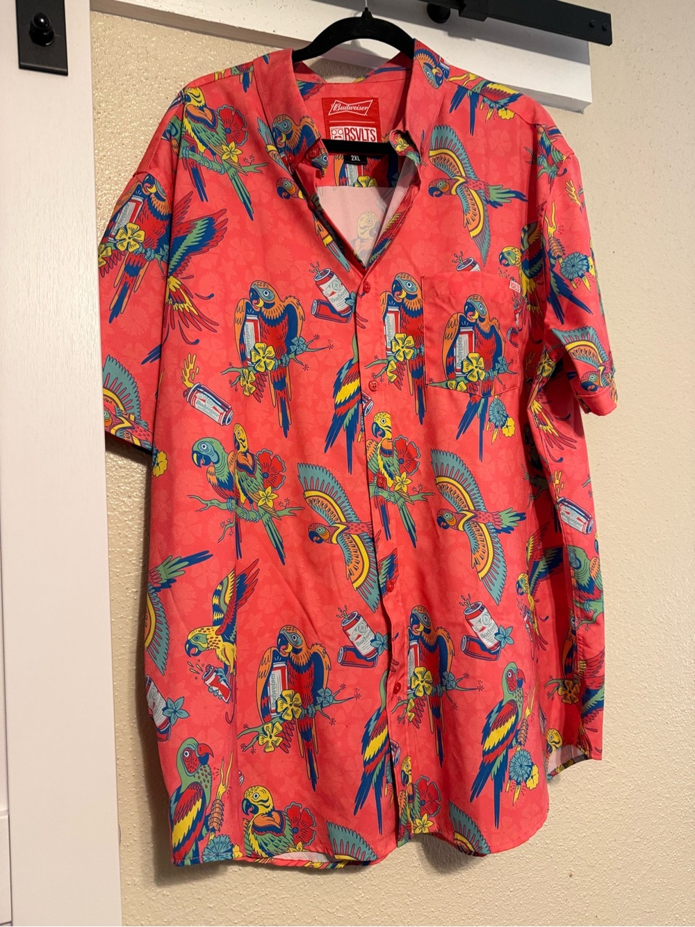 RSVLTS Budweiser Coral Red Parrot-Print Short Sleeve Button-Down Shirt